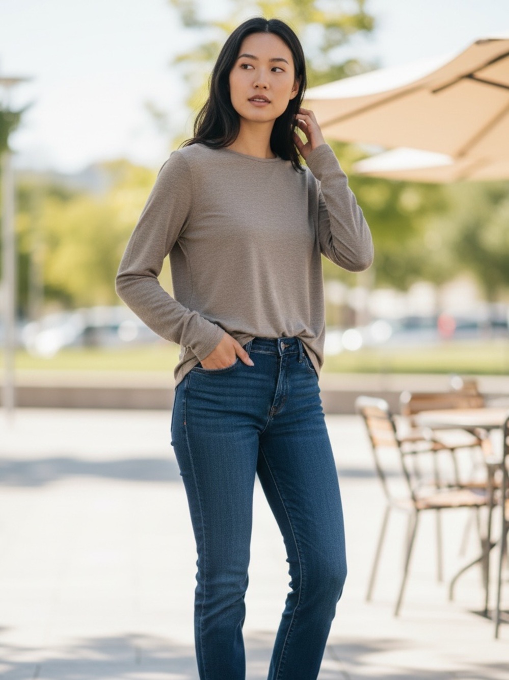 NWT Mango Long-Sleeve Crewneck Top in Taupe Brown